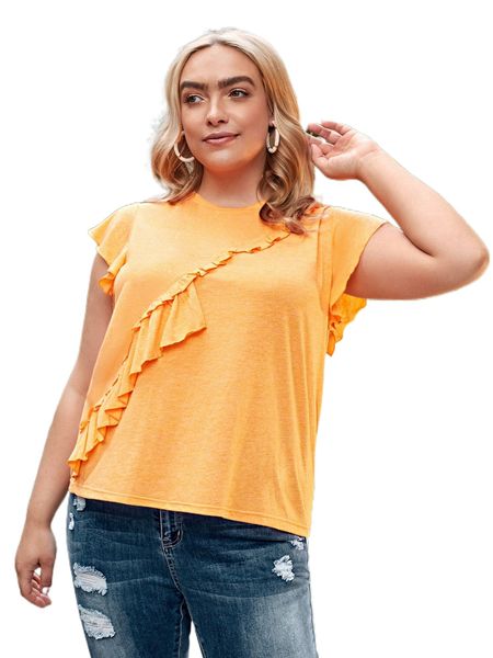 

plus butterfly sleeve ruffle trim tee q9ag#, Black
