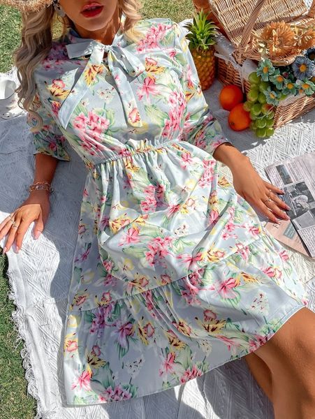 

floral print tie neck ruffle hem dress h9v5#, Black;gray