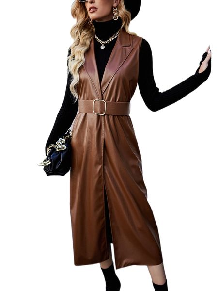 

lapel collar belted pu leather vest coat m6cr#, Black