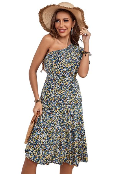 

ditsy floral one shoulder dress 90f7#, Black;gray