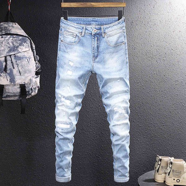 

men's jeans youth fashion jeans men's spring and summer style worn out broken holes personalized patch korean version slim fit sma, Blue