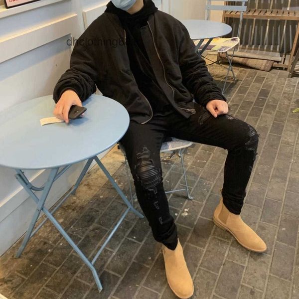 

european and american jeans designer amirss jeans heavy mx1 black patchwork slim fit elastic washing knife cut hole pants fog high, Blue