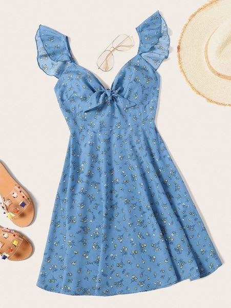 

ditsy floral knot neck ruffle trim dress e9as#, Black;gray