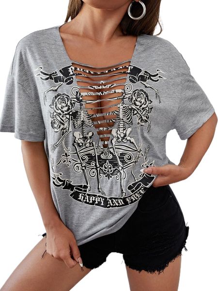 

skull rack & floral print ladder cut out drop shoulder tee t5o4#, White