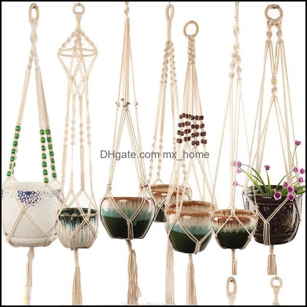 Cestas penduradas rame handmade algodão corda potenciômetro titular de plantas flor de cabide para indoor ao ar livre boho decoração de casa condado jardim com madeira