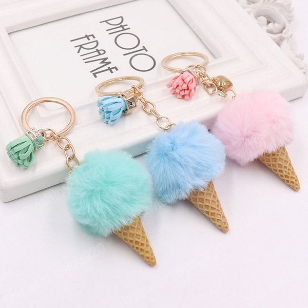 

faux fur ice cream pendant key chain cute cartoon keychains plush furry bags hang cone cartassel keyring creative gift, Slivery;golden