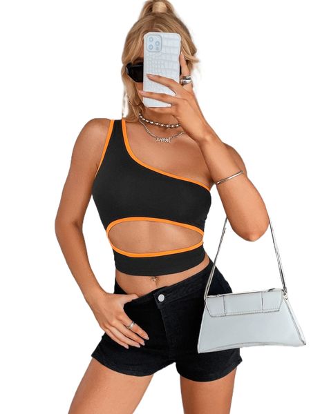 

cut out contrast binding one shoulder crop m7oo#, White