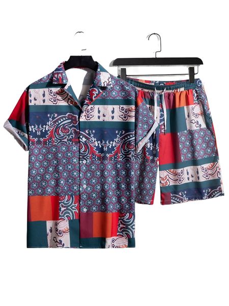 

men random color block & floral print shirt & shorts n6td#, Gray