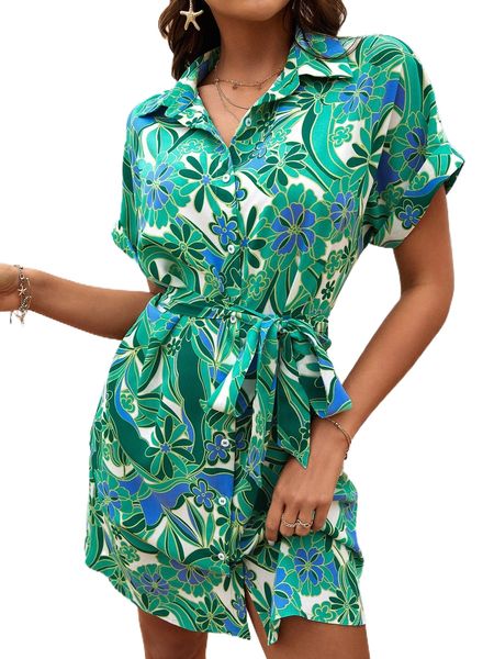 

floral print belted shirt dress d4a8#, Black;gray