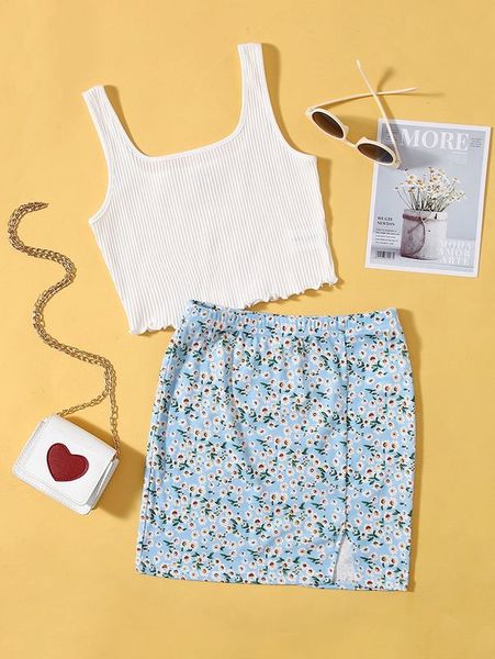 

teen girls lettuce trim tank & ditsy floral skirt set she, White