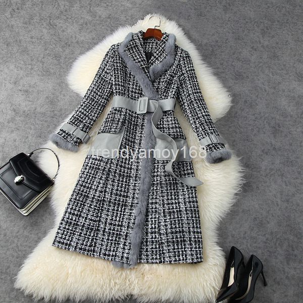 

women's wool & blends winter women's suit collar over the knee celebrity temperament tweed coat goddess t11502, Black