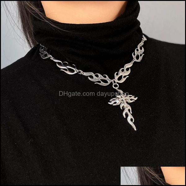 

chokers necklaces pendants jewelry harajuku punk flame cross necklace choker clavicle hip hop pendant rock collar dhk8z, Golden;silver