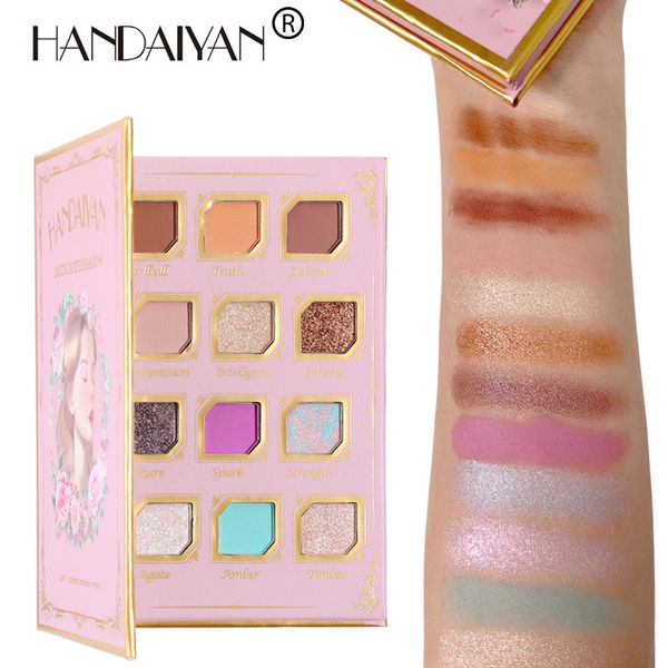 Handaiyan novo 12 cores paleta de sombra com espelho rico cor vívida brilhante distintas glitter fosca tons maquiagem pó sombra de olho