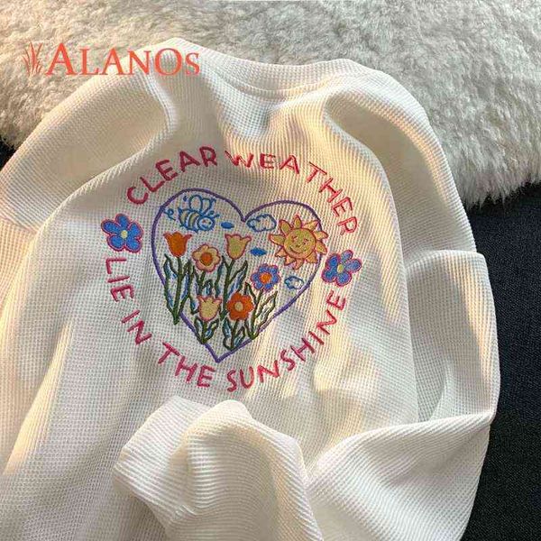 

alanos spring waffle women fashion cute long sleeve sweet hollow out pullover hoodi sweatshirt harajuku jumper pullovers 2022 t220726, Black