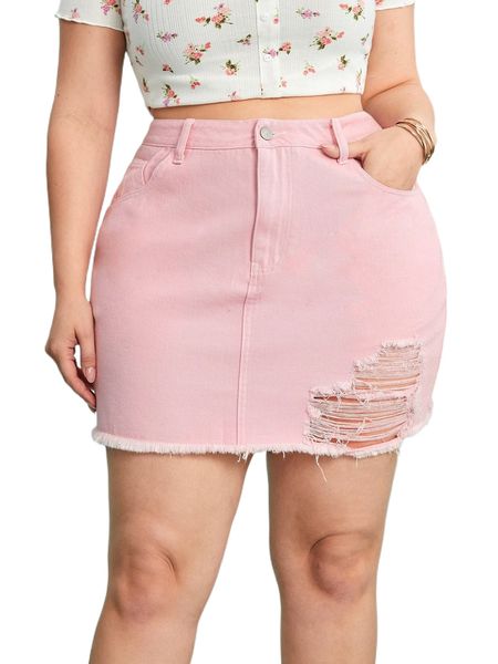 

plus ripped slant pocket denim skirt s6dn#, Black