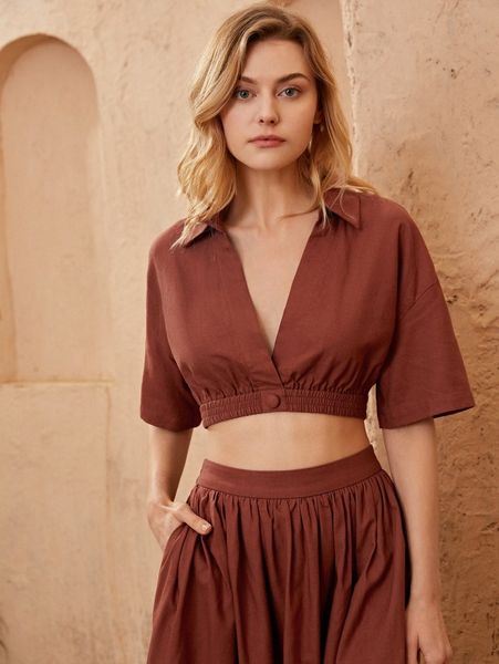 

drop shoulder elastic hem crop blouse j0fr#, White
