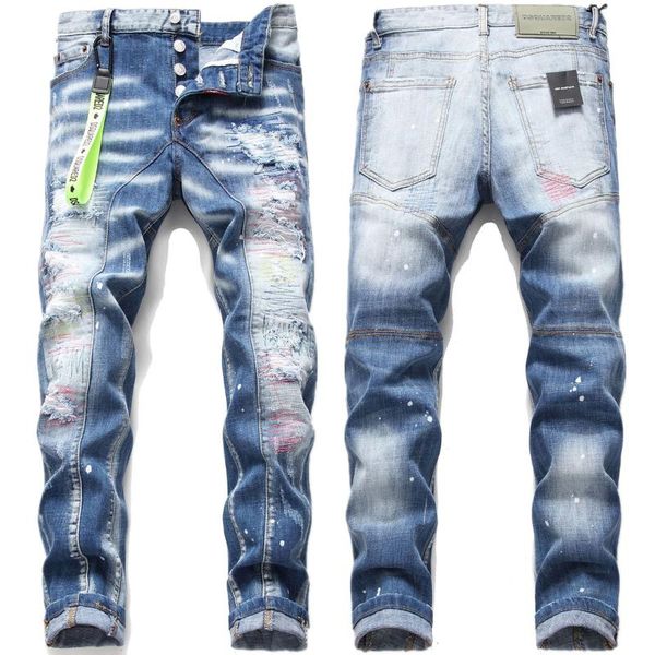

men's jeans men's tight-fitting with holes and patch elastic paint splash blue stitching beggar pantsmen's