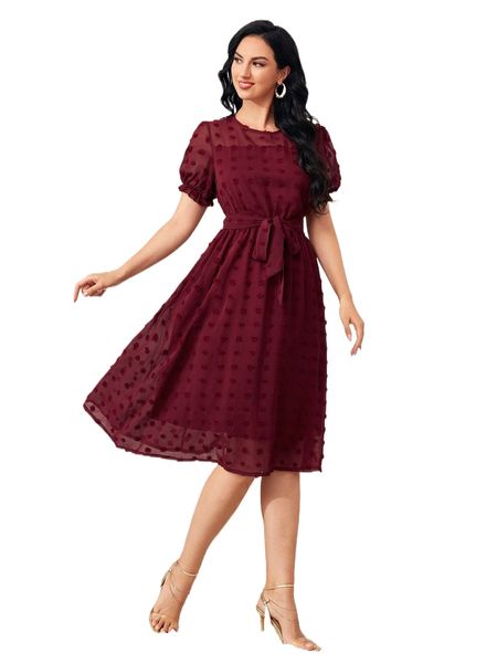 

1pc swiss dot puff sleeve dress 81ul#, Black;gray