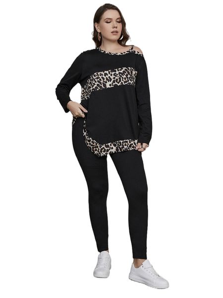 

plus leopard print tee & leggings e0jh#, Black
