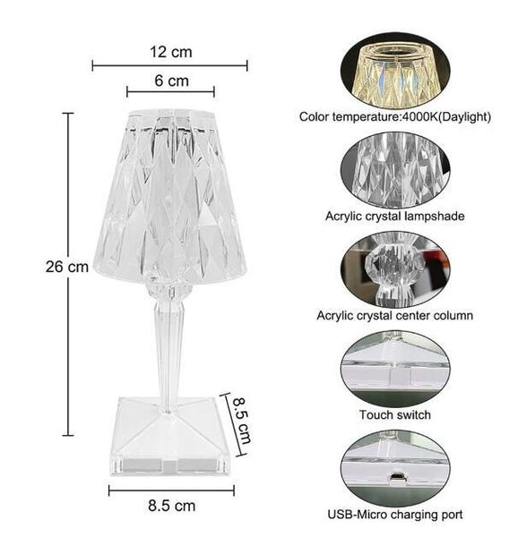 Decoração de casa Crystal Romantic Table Lamp RGB/LED branco Controle remoto de diamante USB Luzes de decoração de toque de carregamento