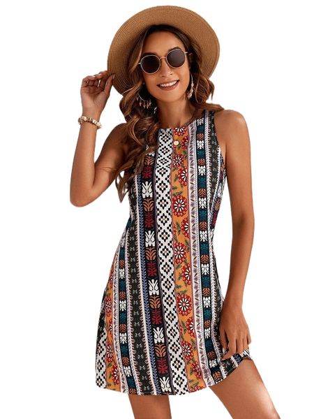

color-block plants print tunic dress p2pg#, Black;gray