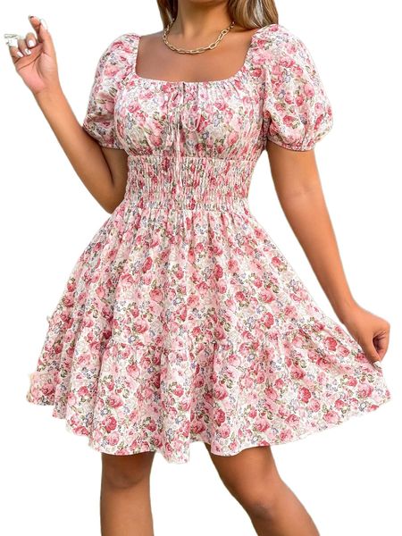 

floral print puff sleeve knot front ruffle hem shirred waist dress b9qg#, Black;gray