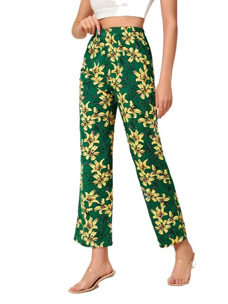 

high waist allover floral print pants d5lp#, Black;white