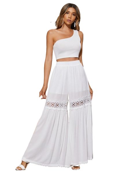 

one shoulder & contrast lace wide leg pants 89z9#, White