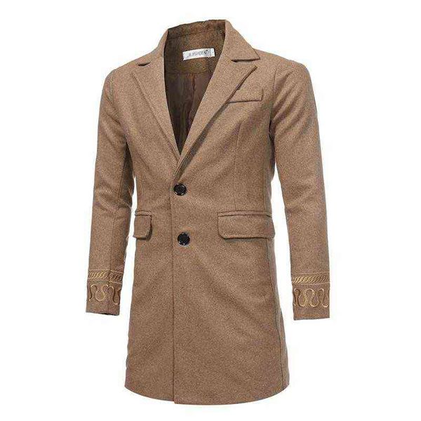 

men's wool & blends coat winter embroidery solid color warm long business casual clothing slim lapel blend t220810, Black