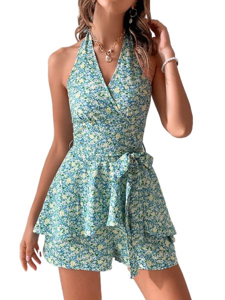 

ditsy floral tie backless ruffle hem belted halter romper j86o#, Black;white