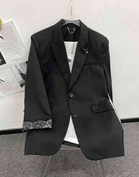 

spring new product classic temperament cuff stitching lace suit jacket women's, White