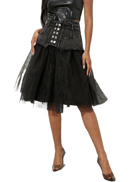 

double breasted mixed media skirt 86fb#, Black