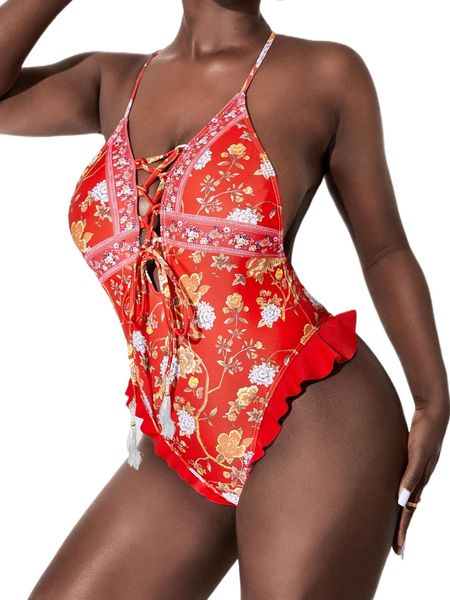 

floral print lace up front crisscross backless ruffle trim one piece swimsuit t9op#, White;black