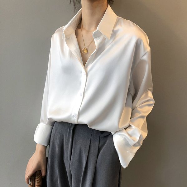 

work wear full sleeve stain shirts women turn-down collar autumn blouses female loose white blusas femininas 2022