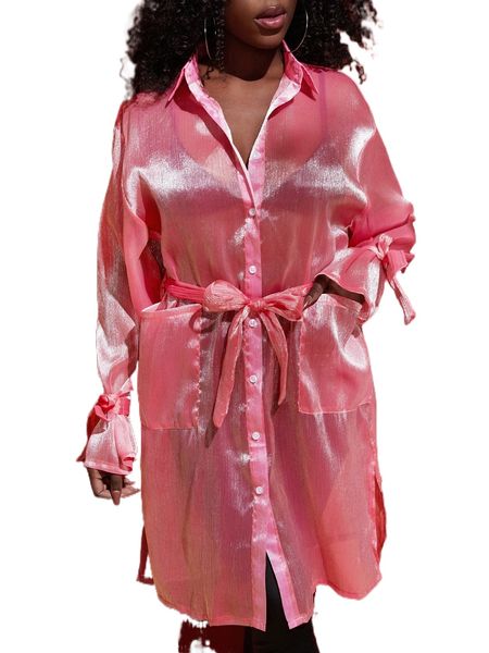 

sxy knot cuff pocket front self belted holographic blouse f86z#, White