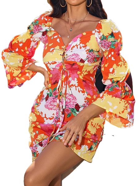 

floral print grommet lace up flounce sleeve dress n7gh#, Black;gray