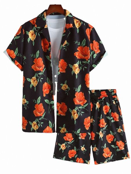 

men random floral print shirt & shorts without tee 82b4#, Gray