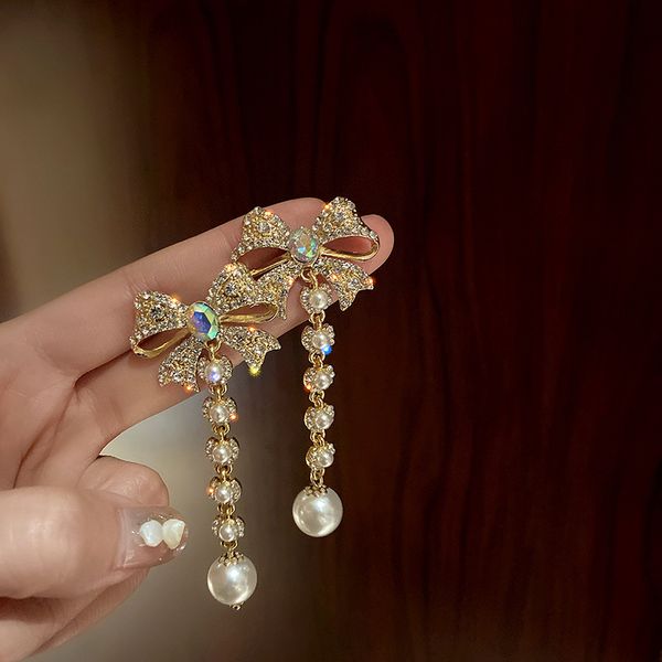 

925 silver needle korean full diamond bow elegant earrings internet celebrity long pearl eardrops simple and stylish earrings women, Golden