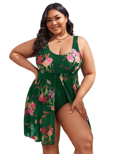 

plus floral print split front one piece swimsuit i7qw#, White;black