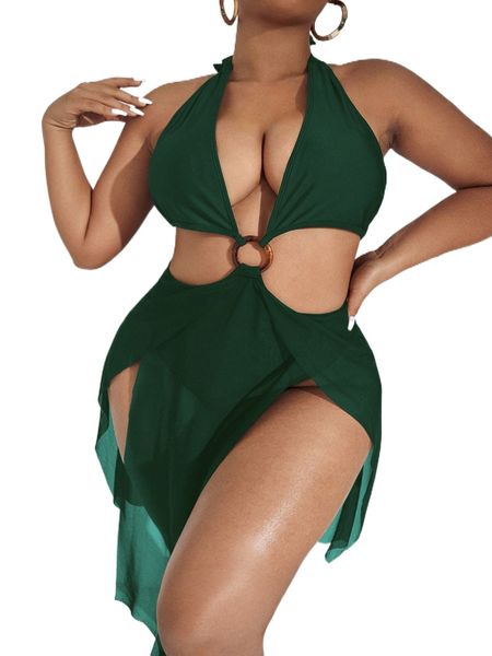 

plus ring linked cut-out contrast mesh one piece swimsuit z4qh#, White;black