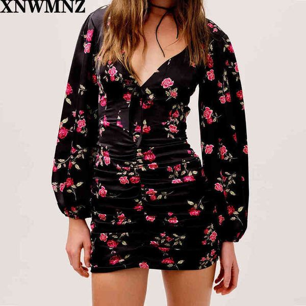 

xnwmnz za women romantic rose print mini dress girls billowy sleeve v neck shirred skirt seamed bodice panels full bell sleeves 210513, Black;gray