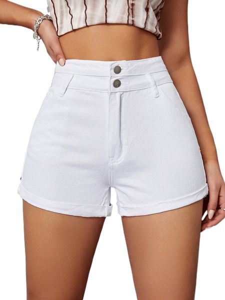 

solid rolled hem slant pockets shorts z1vi#, White;black