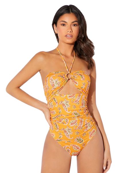

paisley print cut out ring halter bodysuit 43i9#, White