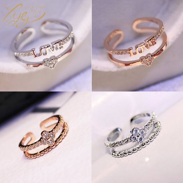 Korean Love Heart Clover Designer Band Ringe Doppelte Reihen Mode Crystal Hochzeitsfeier Schmuck Diamant Designer Ring Roségold Silber