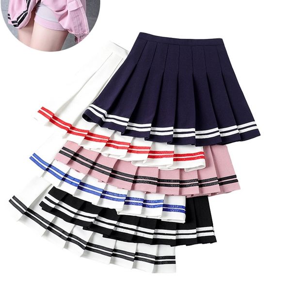 

y2k summer korean fashion short women skirt casual slim elastic high-waisted striped harajuku pleated plaid a-line mini skirts 220511, Black
