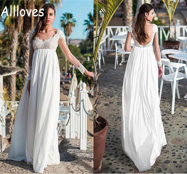 Empire-Taille Brautkleider für schwangere Frauen, lange Ärmel, Spitze, appliziert, Boho-Strand-Umstandsbrautkleid, V-Ausschnitt, sexy, rückenfrei, A-Linie, Chiffon, Robes de Mari￩e CL0140