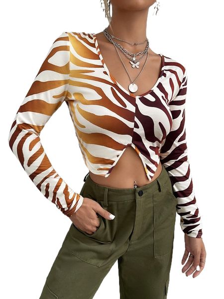 

zebra striped print asymmetrical hem crop tee p3ag#, White