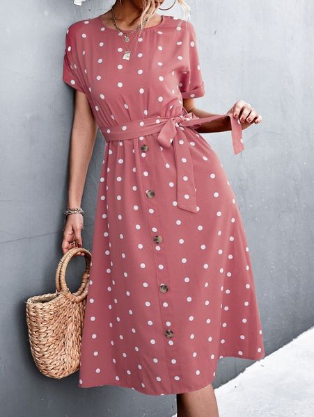 

polka dot print batwing sleeve belted dress h6xp#, Black;gray
