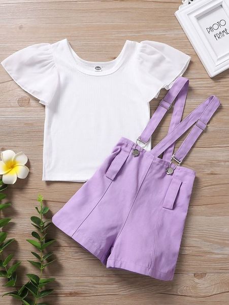

toddler girls flutter sleeve tee & ruffle trim pinafore shorts she, White