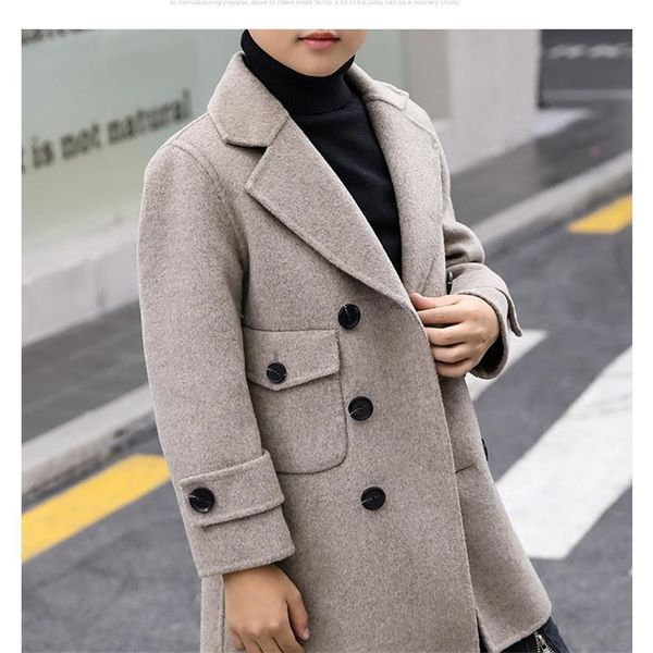 

winter woolen coat for 4-16 boys turn collar double breasted big pockets solid apricot boy coat boys clothes lj201203, Blue;gray